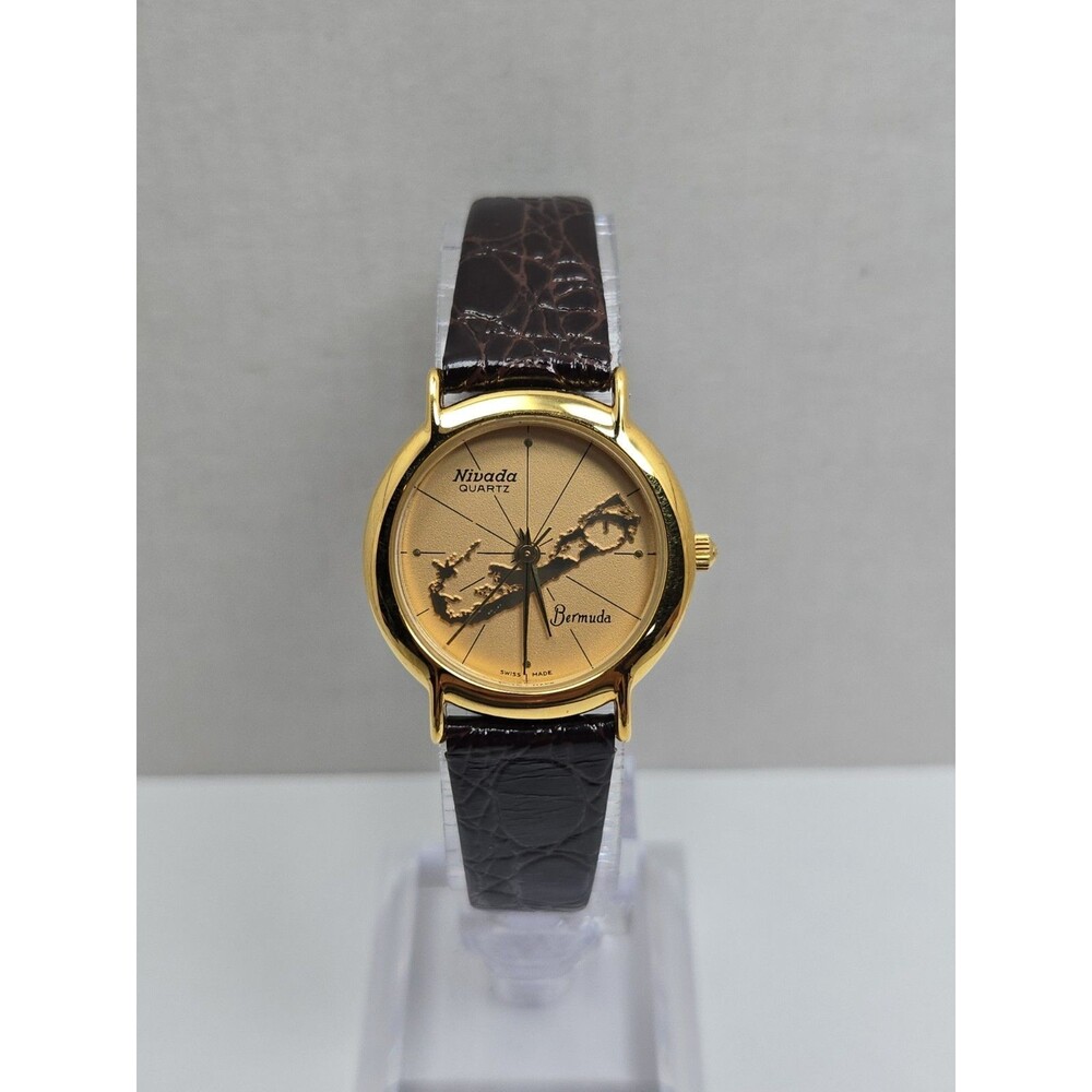 Womens Vintage Nivada Bermuda Map Swiss Quartz Gold Leather Watch New Battery